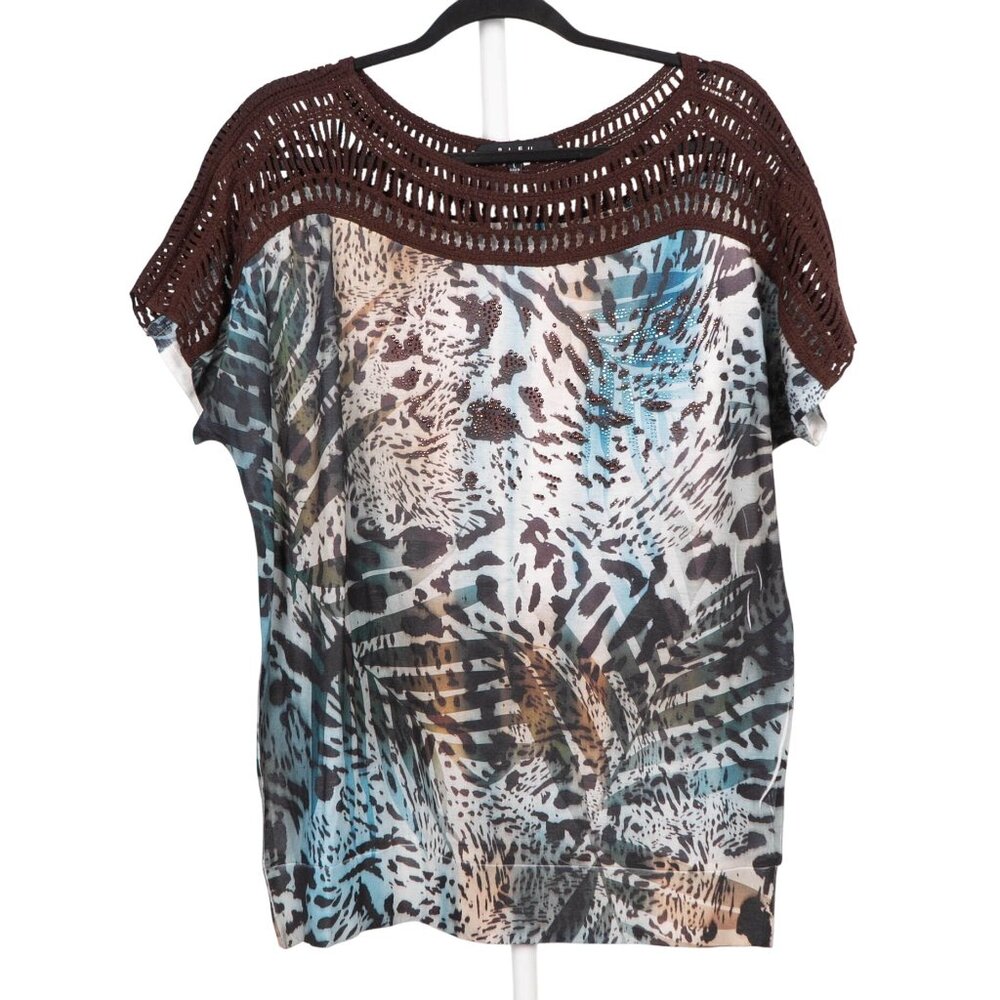 B.L.E.U. Shirt L Womens Animal Print Blue Brown Crochet Rhinestone Short Sleeve